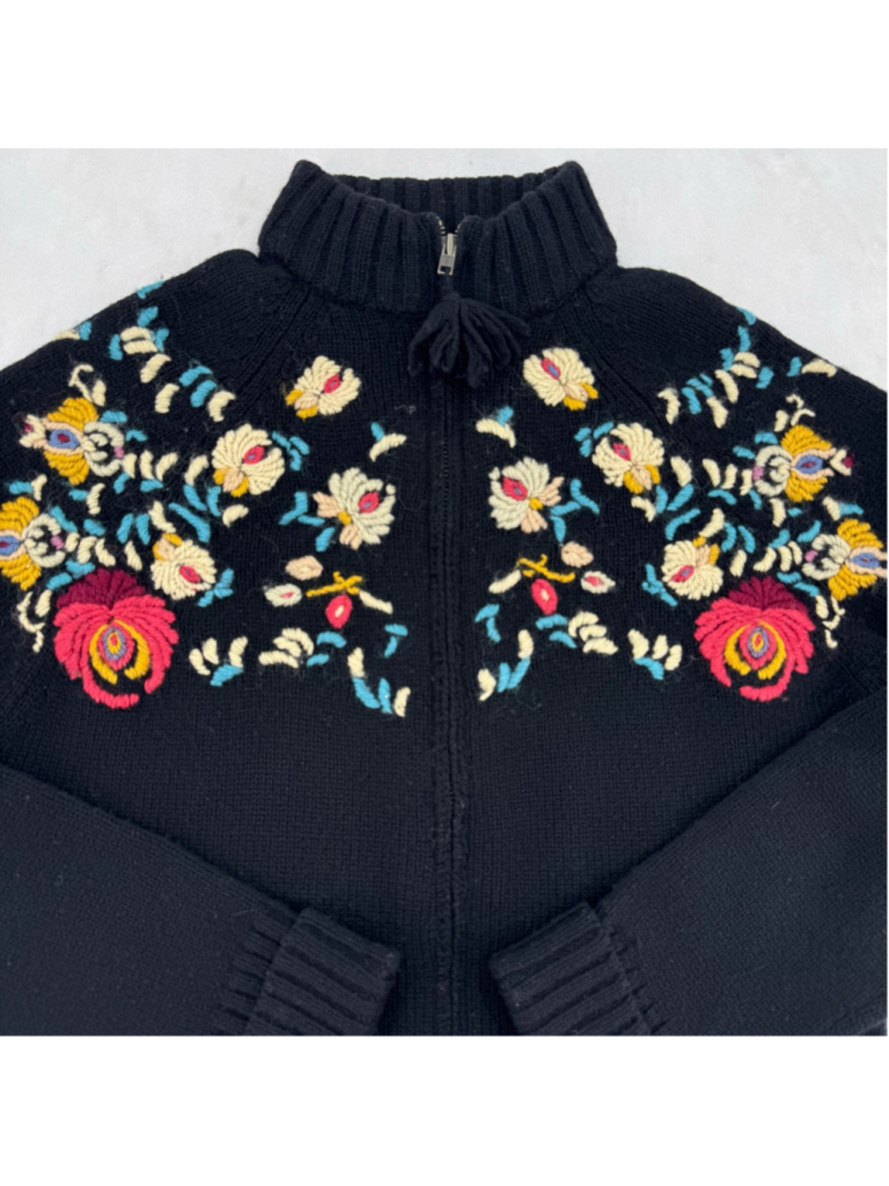 Vintage Black and Multicolor Floral Sweater 100% Lambswool Zip Front Tassel Med